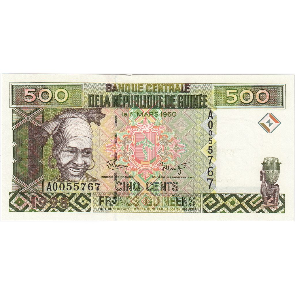 Guinea,
 
 500 frankov,
 
 UNC(65-70)