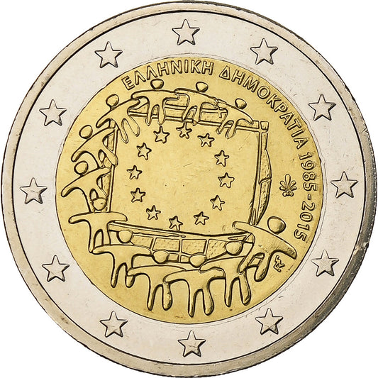 Grécko, 
  
  2 eurá, 
  
  30 rokov pred Drapeau de l'UE