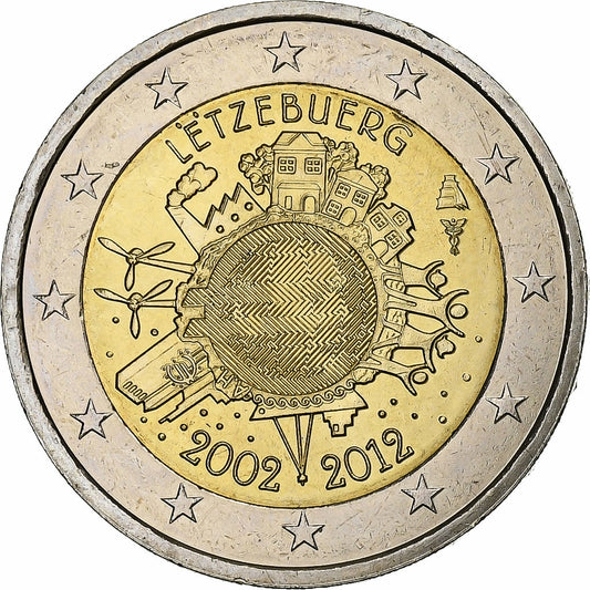 Luxembursko, 
  
  2 eurá, 
  
  10 Jahre Euro-Bageld
