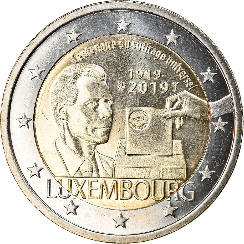 Luxembursko, 
  
  2 eurá, 
  
  100 Jahre des allgemeinen Wahlrechts